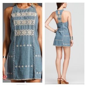 NWOT Free People Chambray Tribal Embroidered
Denim Dress